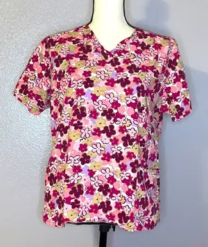 All Heart pink floral medical dental scrub top thumbnail 1