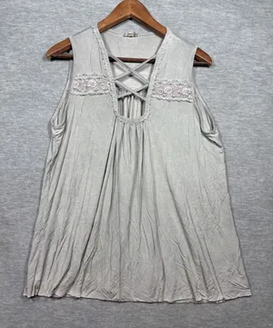 POL Clothing‎ Green Lace Strappy V-Neck Sleeveless Boho Flowy Tank Top L thumbnail 1