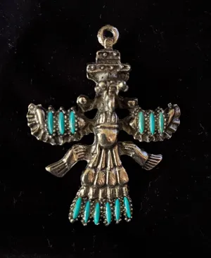 Vintage Southwestern Silver-Tone Thunderbird Kachina Pendant with Faux Turquoise thumbnail 1