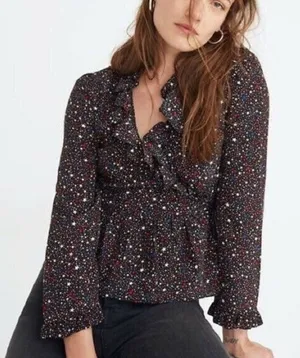 Madewell Silk‎ Ruffle-Hem Wrap Long Sleeve Top in Starry Night Size M thumbnail 1
