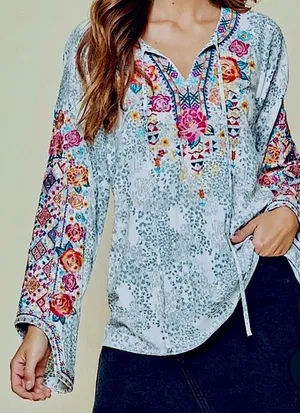 Savannah Jane Embroidered Boho Leopard Long Sleeve Blouse Size Large‎ thumbnail 1