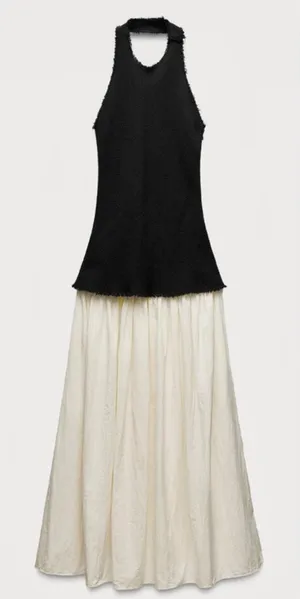 Zara NWT black tweed halter neck midi maxi dress contrast cream skirt drop waist thumbnail 1
