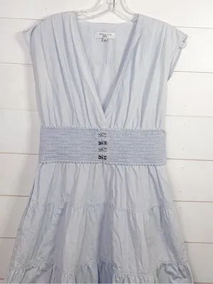 Derek Lam Light Blue Poplin V-Neck Tiered Midi Dress EUC US Size 4 MSRP $398 thumbnail 7