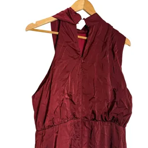 Sweetkama Burgundy Mock High Neck Draped Satin Cocktail Midi Dress Size XL thumbnail 5