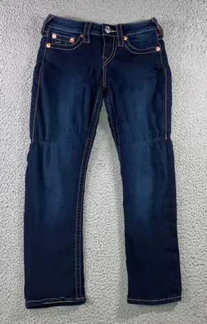 True Religion Low Rise Capri Jeans Womens 25x23.5 Blue Y2K Pink Stitch Logo Flaw thumbnail 1