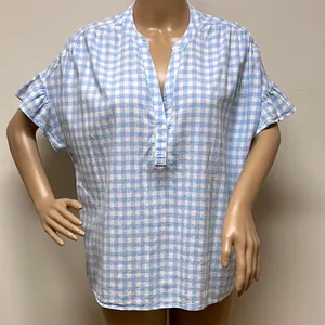 Crown & Ivy Baby Blue & White Plaid Short Flutter Sleeve Linen Blend Top size S thumbnail 1