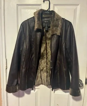 Style & Co. Dark Brown Faux-Leather Jacket with Faux-Shearling Trim thumbnail 1