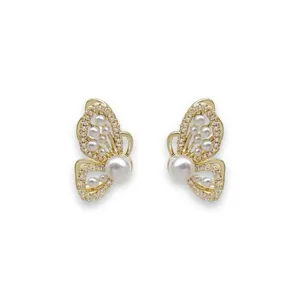 White pearl butterfly stud earrings for women thumbnail 1