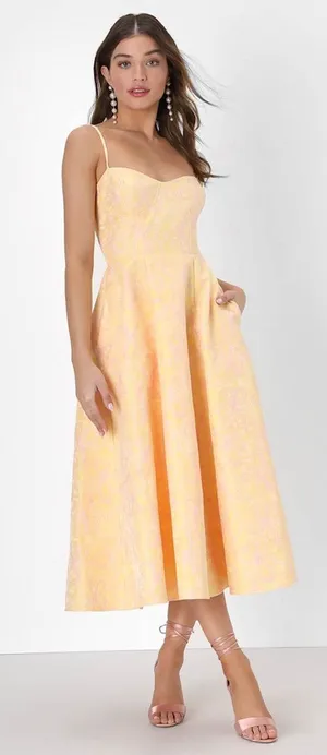 NWT Lulus Meet for Tea Yellow Jacquard Bustier Midi Dress With Pocket Wedding XS thumbnail 1