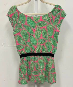 Lilly Pulitzer Pink‎ Green Palm Leaf Print Tunic Top Small Tropical Boat Neck thumbnail 1