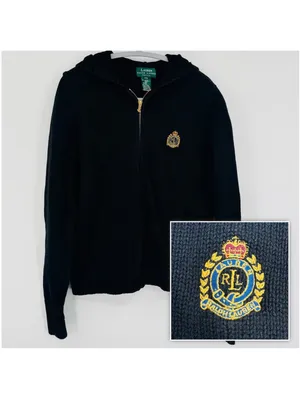 Vintage Lauren Ralph Lauren Black Knit Full Zip Hooded Sweater, Size M thumbnail 2