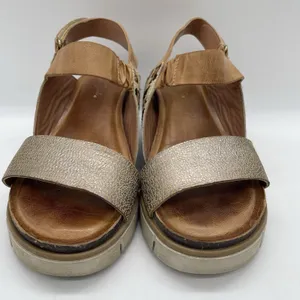 Diba True Womens 8 Sandals Bye Golly Wedge‎ Cheetah Cow Fur Leather Brown Gold thumbnail 3