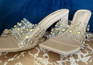Studded Clear Strap Nude Block Heel Mules Tan Size 11 thumbnail 1