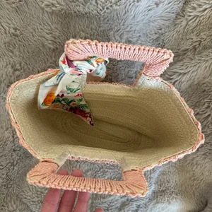 Pink Woven Straw Tote Bag with Floral Scarf thumbnail 3