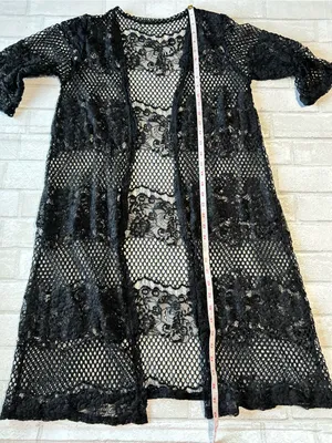 Black Sheer Lace Mesh Kimono Cardigan Beach Coverup Boho Festival thumbnail 3