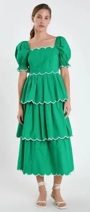 English Factory KELLY GREEN Scalloped Tiered Dress NWT $185 Size Medium Midi $$ thumbnail 1
