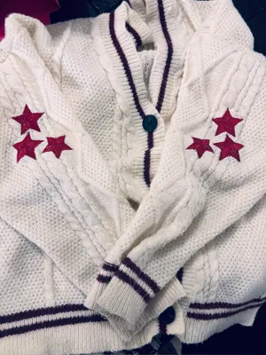 Taylor Swift Inspired Folklore Sweater Women Cardigan Small Cable Knit Stars red thumbnail 3