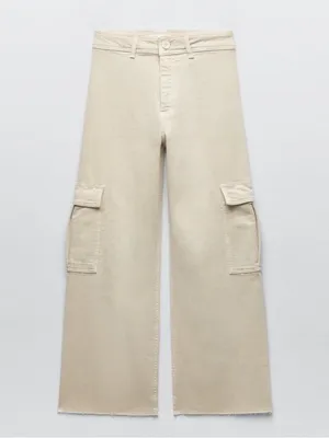 ZARA High Waisted Marine Cargo Jeans Raw Hem Khaki Beige Wide Leg Retro‎ Size 14 thumbnail 8