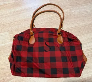 Monogrammed S Red & Black Buffalo Plaid Tote with Tan Handles thumbnail 1