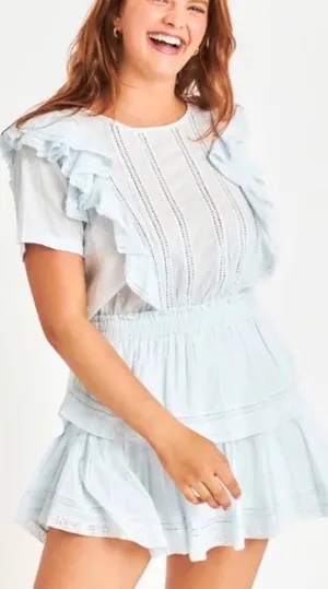 light blue LoveShackFancy eyelet ruffle-tiered mini dress Petite thumbnail 1
