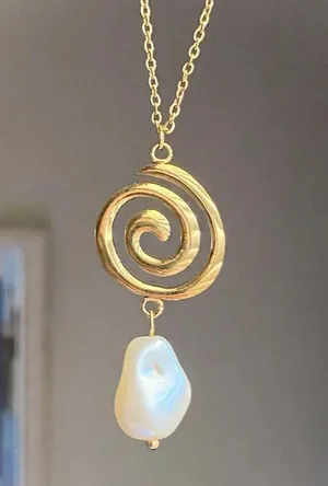 Handmade gold tone stainless steel spiral swirl uzumaki & pearl necklace🌀 thumbnail 1