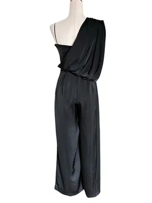 DO+BE black satin jumpsuit featuring an asymmetrical draped one-shoulder overlay thumbnail 7