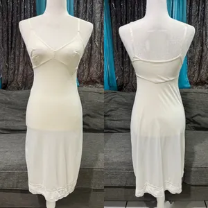 Vintage White Full Slip Lace‎ Trim Adjustable Spaghetti Straps V-Neck Mid-Length thumbnail 2