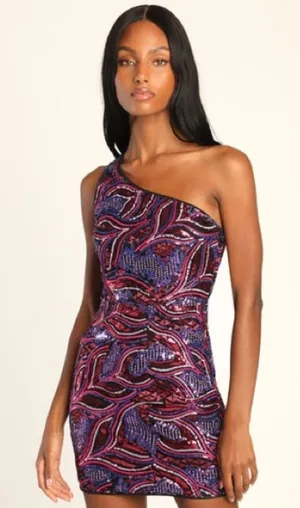 NWT Lulus Make a Statement Pink Sequin One-Shoulder Bodycon Mini Dress Size M thumbnail 1