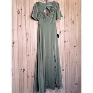 NWT Lulus Elegant Confidence Sage Satin Flutter Sleeve Cutout Maxi Dress Size S thumbnail 2