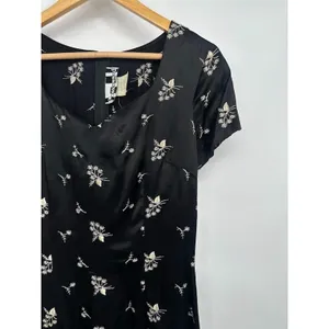 Vintage 90s Black Satin Sheath Mini Dress Floral Goth Indie Grunge‎ Whimsygoth 7 thumbnail 2