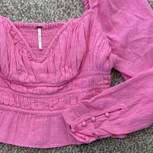Free People Blouse Women M Pink Smocked Puff Sleeve Boho Top Festival Barbiecore thumbnail 5