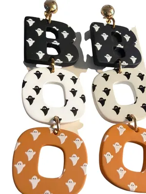 Halloween Ghost Boo Dangle Earrings Black White Orange Colors Lightweight 3" NEW thumbnail 2