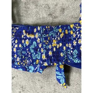 Maeve by Anthropologie Blue Floral Puff Sleeve Tie Front Crop Top Women’s Small thumbnail 4