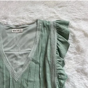 New In Sage Green Pleated Mini Dress - Linen Blend - Ruffle Sleeve - Size M thumbnail 5