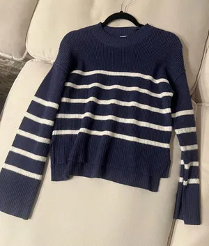 Hippie Rose Navy Blue White Striped Soft Sweater Top thumbnail 1