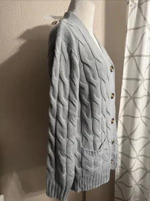 Women's Light Blue Cable-Knit Button Cardigan Sweater thumbnail 3
