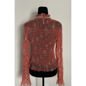 Free People Hello There Floral Sheer Mesh Mock Neck Bell Sleeve Blouse Sz S EUC thumbnail 2