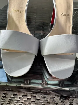 Christian Louboutin Light Grey Leather Open-Toe Stiletto Heels with Red Sole thumbnail 4