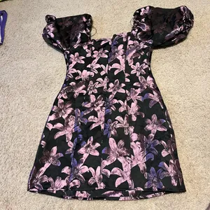 Finer Things In Life Floral Puff Sleeve Mini Dress Purple and black metallic thumbnail 6