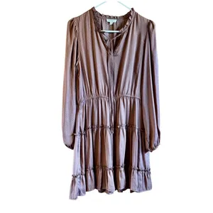 Blu Pepper Dress Jrs Size Large Brown Dotted‎ Tiered Ruffle Long Sleeve V Neck thumbnail 2