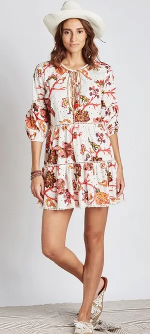 Gianni Bini 3/4 Sleeve Mini Dress‎ Babydoll Tassels Cotton Boho Floral Eyelet XS thumbnail 1