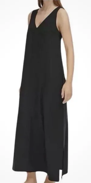 DKNY V-Neck Linen Blend Maxi Dress Black Coastal Beachy Side Slits Resort L thumbnail 1