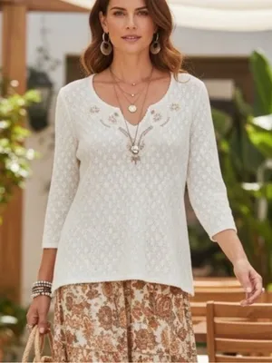 prAna Winnie Lace Embroidered V-Neck Boho Top‎ Women's Size M White Boho thumbnail 1