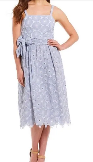 NWT ANTONIO MELANI Light Blue Eyelet Midi Dress with Waist Tie thumbnail 1