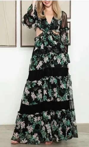 Tiered Black and Green Floral & Lace Cut Out Maxi Dress thumbnail 1