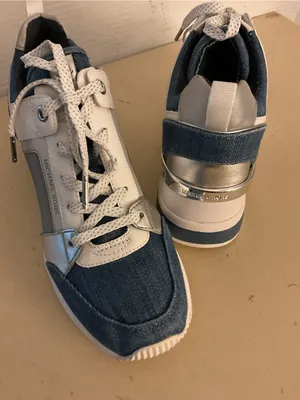 Michael Kors women denim and White leather platform Georgie trainer sneakers 7 thumbnail 2