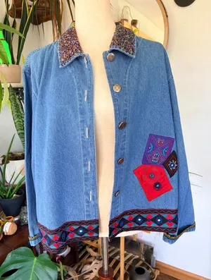 VTG Chico's‎ Design Beaded Mirror Denim Jacket Sz 3 L Boho Festival Cottagecore thumbnail 1