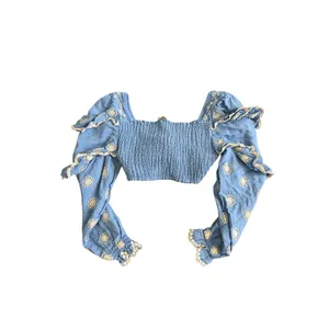 LoveShackFancy Milanti Crop Top Hydrangea Blue Floral Embroidered Linen Medium thumbnail 2