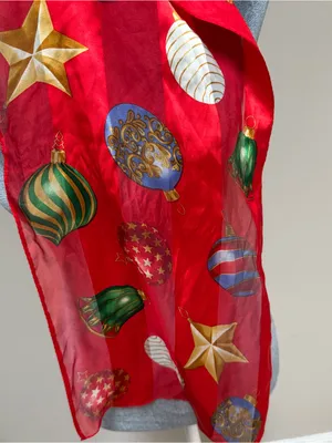 Echo red 100% silk scarf rectangle Christmas ornament theme oblong stars thumbnail 2