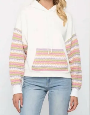 FATE Women's Sweatshirt Hoodie Knitted Details Sleeves‎ Pouch Pocket White Small thumbnail 1